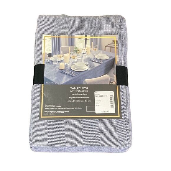 NWT Fieldcrest Luxury Linen Cotton Navy Blue Tablecloth + Storage Bag 60x84 - Picture 1 of 2